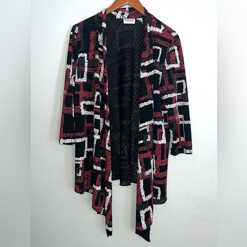 Chico’s Travelers Open Front Slinky Knit Abstract Geo Print Cardigan Sz L